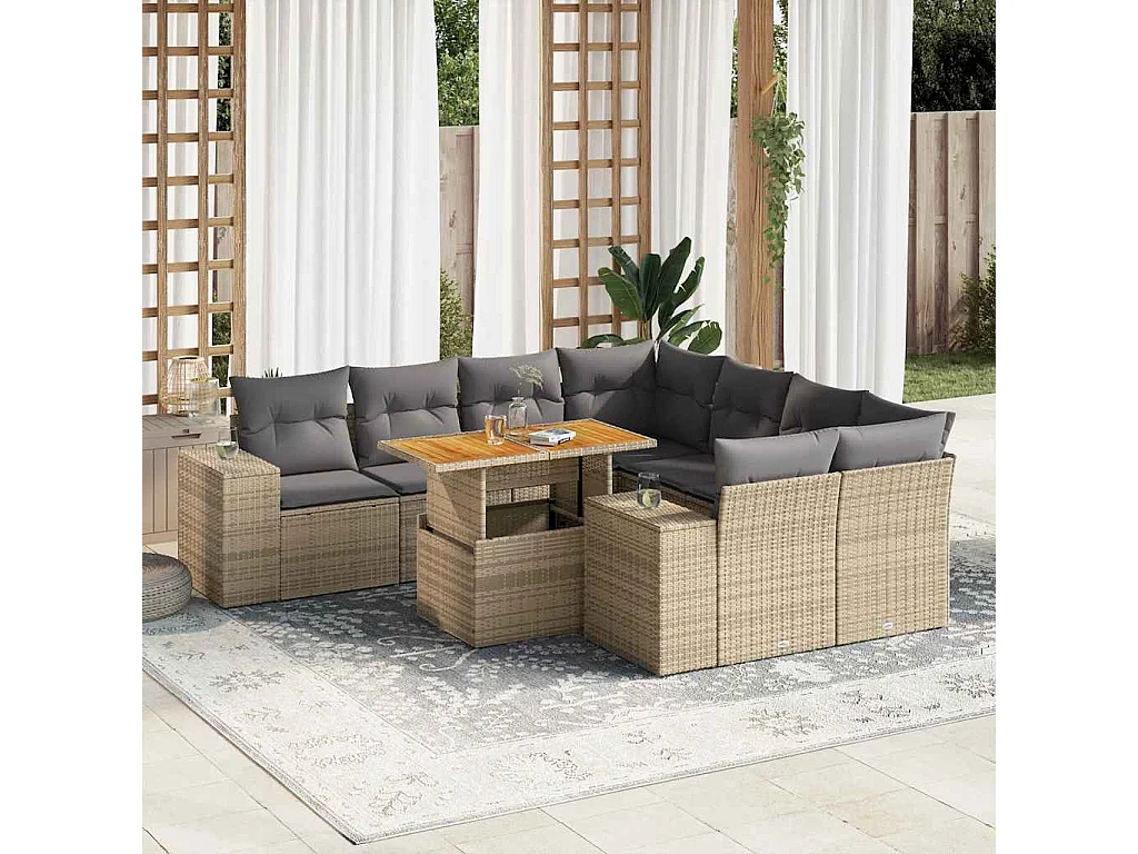 9-delige Loungeset met kussens poly rattan beige