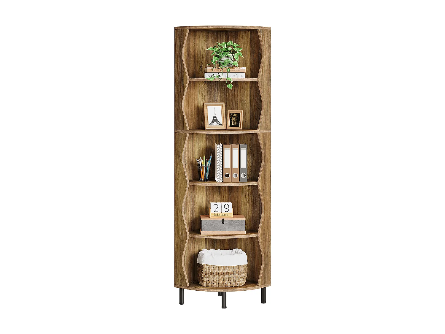 5-laags hoekplank, 182 cm hoge hoekboekenplank, stijlvolle houten boekenkast, displayplank, opbergrek, plantenstandaard