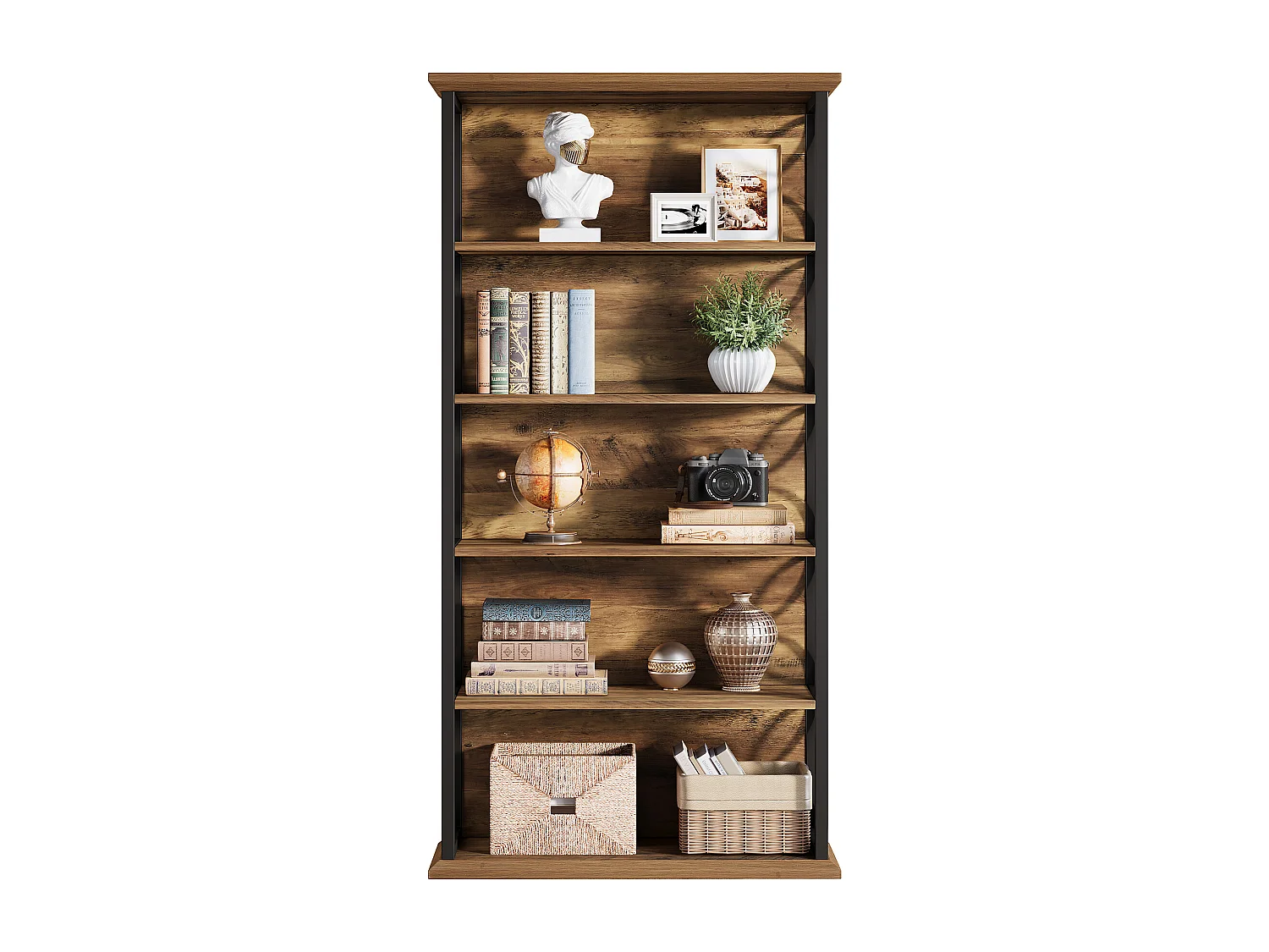 6-laags hoge boekenplank, 180 cm industriële boekenkast met metalen frame, vrijstaande open opbergplanken