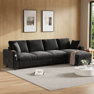 4-zits hoekbank met 2 armleuningen en opbergruimte + opklapbare salontafel met 2 bekerhouders + USB-aansluiting – chenille – grijs 4-zits hoekbank met 2 armleuningen en opbergruimte + opklapbare salontafel met 2 bekerhouders + USB-aansluiting – chenille – grijs