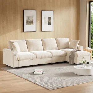 4-zits hoekbank met 2 armleuningen en opbergruimte + opklapbare salontafel met 2 bekerhouders + USB-aansluiting – chenille – beige 4-zits hoekbank met 2 armleuningen en opbergruimte + opklapbare salontafel met 2 bekerhouders + USB-aansluiting – chenille – beige