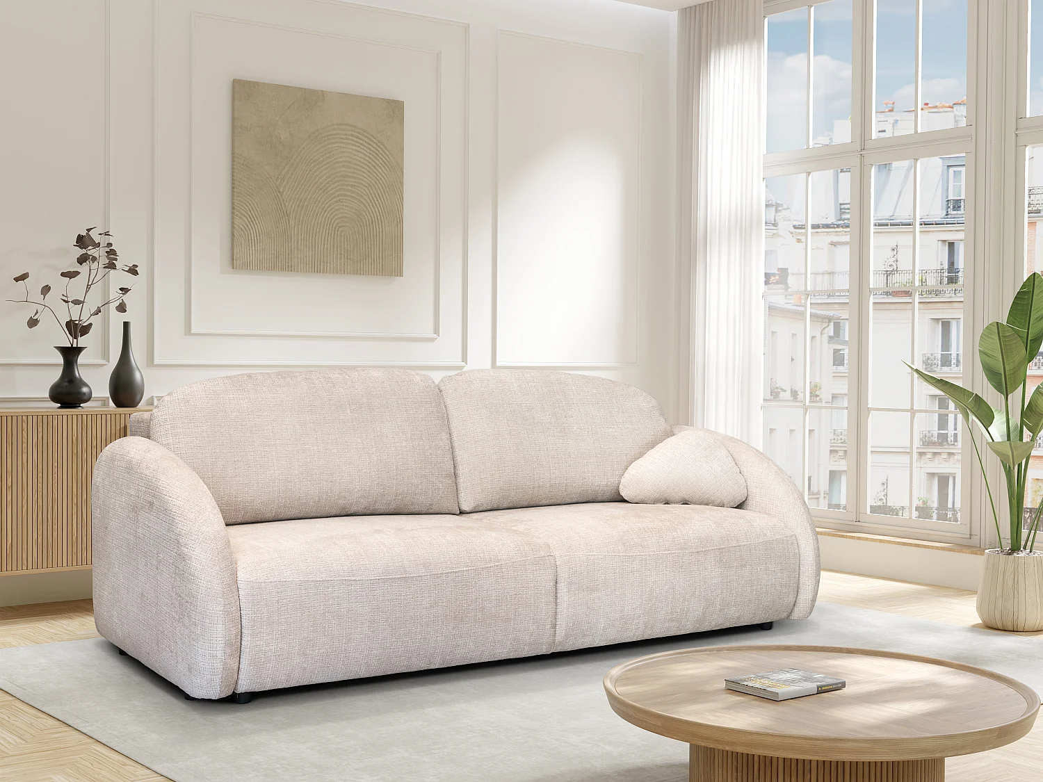 3-zits slaapbank in beige chenille stof AVOLINE