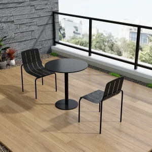 Metalen tuineetset: een tafel Ø 60 cm en 2 stapelbare stoelen – Zwart – BALVORA van MYLIA Metalen tuineetset: een tafel Ø 60 cm en 2 stapelbare stoelen – Zwart – BALVORA van MYLIA