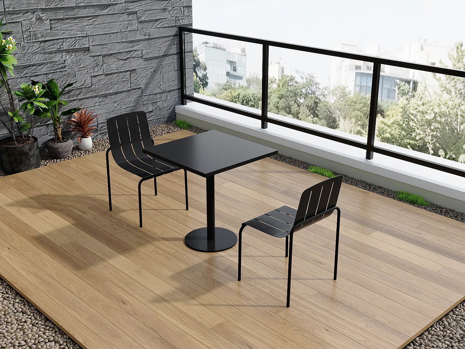 Metalen tuineethoek: een tafel b.70 cm en 2 stapelbare stoelen - Zwart - BALVORA van MYLIA