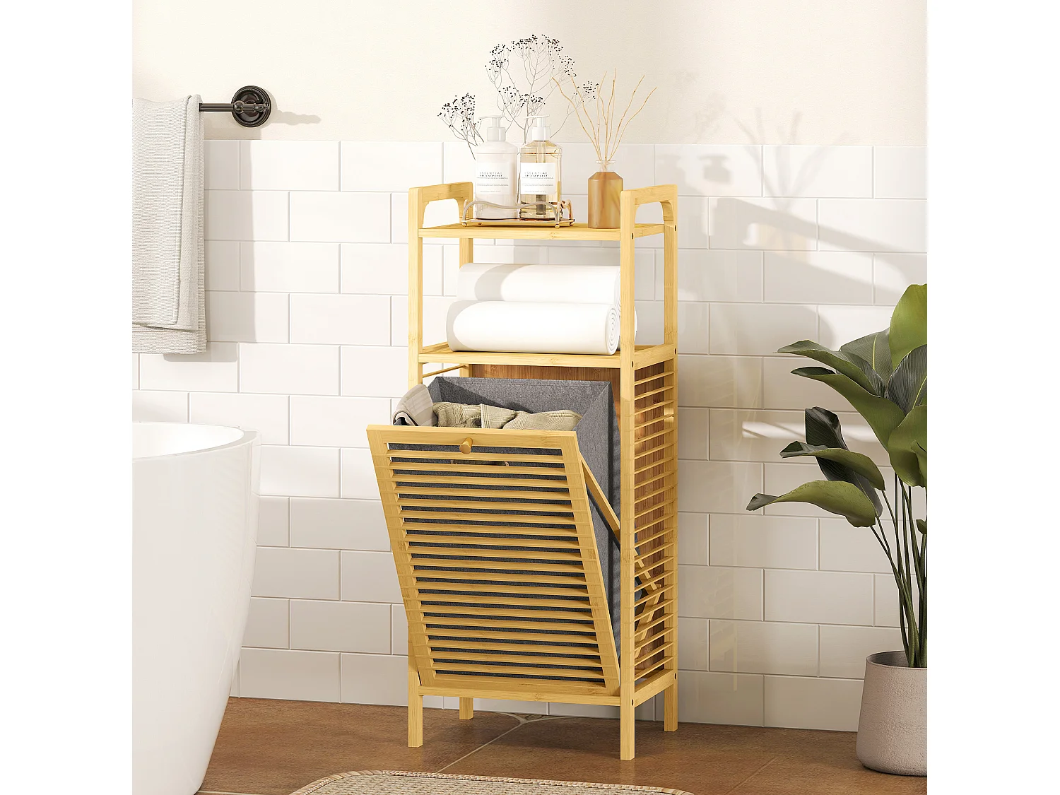 Bamboe Wasmand met Verwijderbare Mand 37L - Natuurlijk Hout Effect
