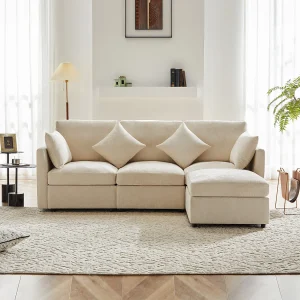 4-zits L-vormige hoekbank – 216 x 161 x 81 cm – met voetenbank – chenille – beige 4-zits L-vormige hoekbank – 216 x 161 x 81 cm – met voetenbank – chenille – beige