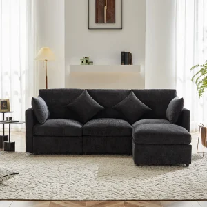 4-zits L-vormige hoekbank – 216 x 161 x 81 cm – met voetenbank – chenille – grijs 4-zits L-vormige hoekbank – 216 x 161 x 81 cm – met voetenbank – chenille – grijs