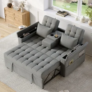 2-zits slaapbank met opbergruimte en verstelbare rugleuning – 159 x 142,5 x 92 cm – Katoen en linnen – grijs 2-zits slaapbank met opbergruimte en verstelbare rugleuning – 159 x 142,5 x 92 cm – Katoen en linnen – grijs
