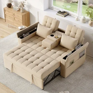 2-zits slaapbank met opbergruimte en verstelbare rugleuning – 159 x 142,5 x 92 cm – Katoen en linnen – beige 2-zits slaapbank met opbergruimte en verstelbare rugleuning – 159 x 142,5 x 92 cm – Katoen en linnen – beige