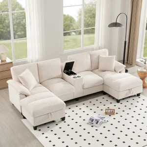4-zits U-vormige bank met opbergruimte + bekerhouders + USB-poorten – 293 x 142 x 93 cm – Fluweel – beige