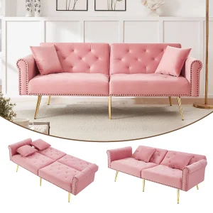 2-zits slaapbank – 173 x 75 x 70 cm – 3-standen verstelbare rugleuning + gouden metalen poten – fluweel – roze