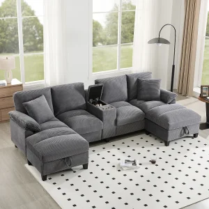 4-zits U-vormige bank met opbergruimte + bekerhouders + USB-poorten – 293 x 142 x 93 cm – Fluweel – grijs
