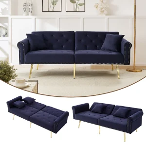 2-zits slaapbank – 173 x 75 x 70 cm – 3-standen verstelbare rugleuning + gouden metalen poten – fluweel – donkerblauw
