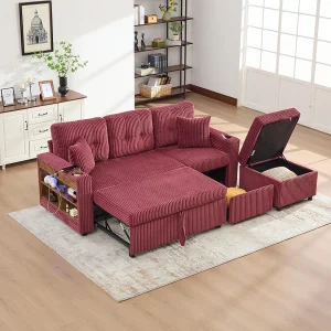 Modulaire hoekbank van 235 cm – Omkeerbaar met chaise longue – Geribbeld fluweel – Hoge dichtheid schuim + veren – 2 kussens inbegrepen – Fuchsia