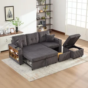 Modulaire hoekbank van 235 cm – Omkeerbaar met chaise longue – Geribbeld fluweel – Hoge dichtheid schuim + veren – 2 kussens inbegrepen – Grijs