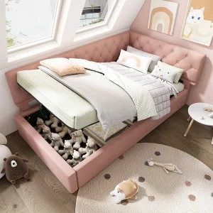 90x190cm slaapbank met opbergruimte en lattenbodem – Roze fluweel