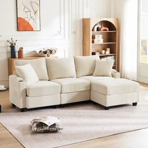 3-zitsbank met voetenbank, USB-aansluiting, 2 kussens – Corduroy – Beige 3-zitsbank met voetenbank, USB-aansluiting, 2 kussens – Corduroy – Beige