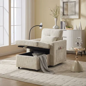 Bank met 2 zijzakken en opbergruimte – Chenille stof – Beige Bank met 2 zijzakken en opbergruimte – Chenille stof – Beige
