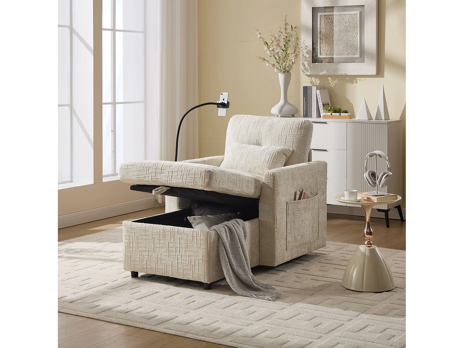 Bank met 2 zijzakken en opbergruimte - Chenille stof - Beige