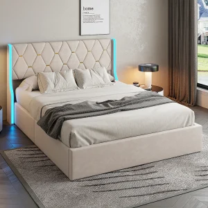 Bed 140 x 200 cm – tweepersoonsbed met lattenbodem – opbergruimte – gasvering en ledstrips aan weerszijden van het hoofdeinde – fluweel – beige Bed 140 x 200 cm – tweepersoonsbed met lattenbodem – opbergruimte – gasvering en ledstrips aan weerszijden van het hoofdeinde – fluweel – beige
