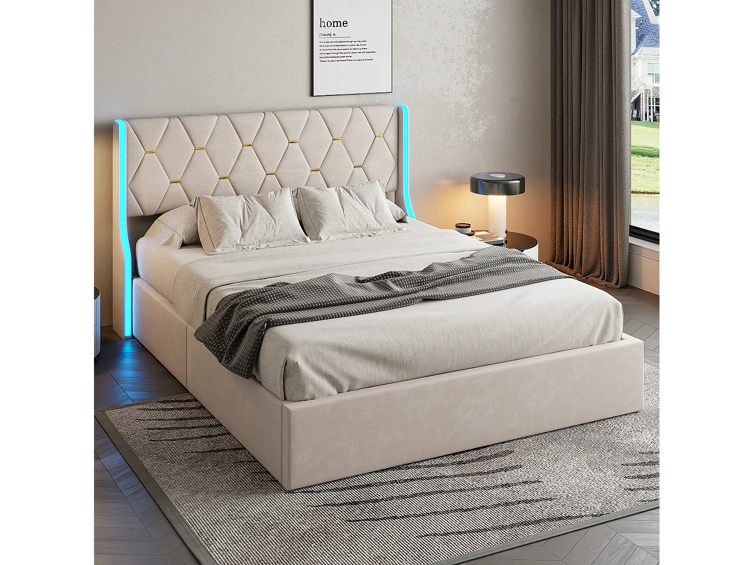 Bed 140 x 200 cm – tweepersoonsbed met lattenbodem – opbergruimte – gasvering en ledstrips aan weerszijden van het hoofdeinde – fluweel – beige