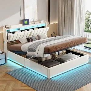 140 x 200 cm Opbergbed met LED-verlichting en USB-aansluiting, Tweepersoonsbed met opbergruimte en hoofdeinde, Fluweel, Beige