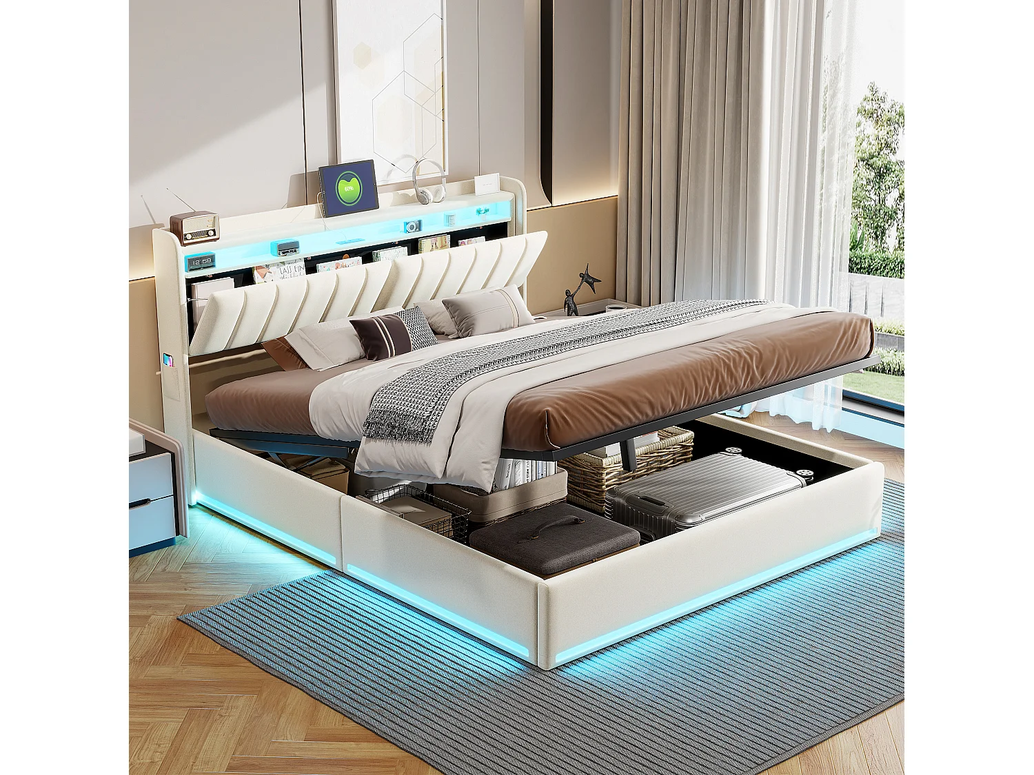 140 x 200 cm Opbergbed met LED-verlichting en USB-aansluiting, Tweepersoonsbed met opbergruimte en hoofdeinde, Fluweel, Beige