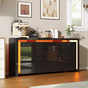 160 x 35 x 75 cm – Ladekast met 2 lades, 4 deuren, LED-verlichting, Dressoir met opbergruimte, Zwart