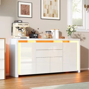 160 x 35 x 75 cm – Ladekast met 2 lades, 4 deuren, LED-verlichting, Dressoir met opbergruimte, Wit