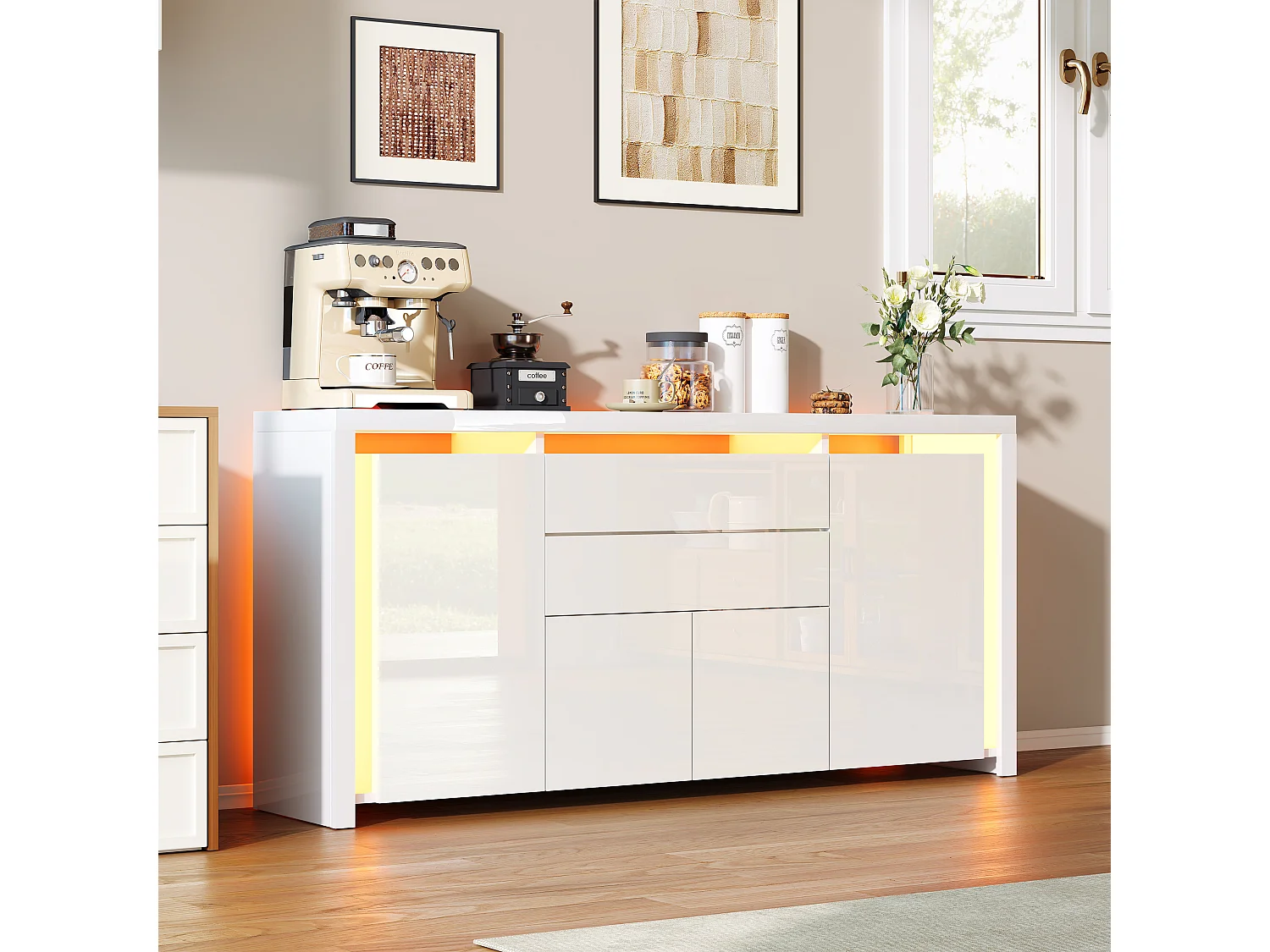 160 x 35 x 75 cm - Ladekast met 2 lades, 4 deuren, LED-verlichting, Dressoir met opbergruimte, Wit