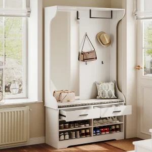 6-in-1 witte kledingkastset met spiegel en open schoenenkast, 104 x 35 x 180 cm 6-in-1 witte kledingkastset met spiegel en open schoenenkast, 104 x 35 x 180 cm