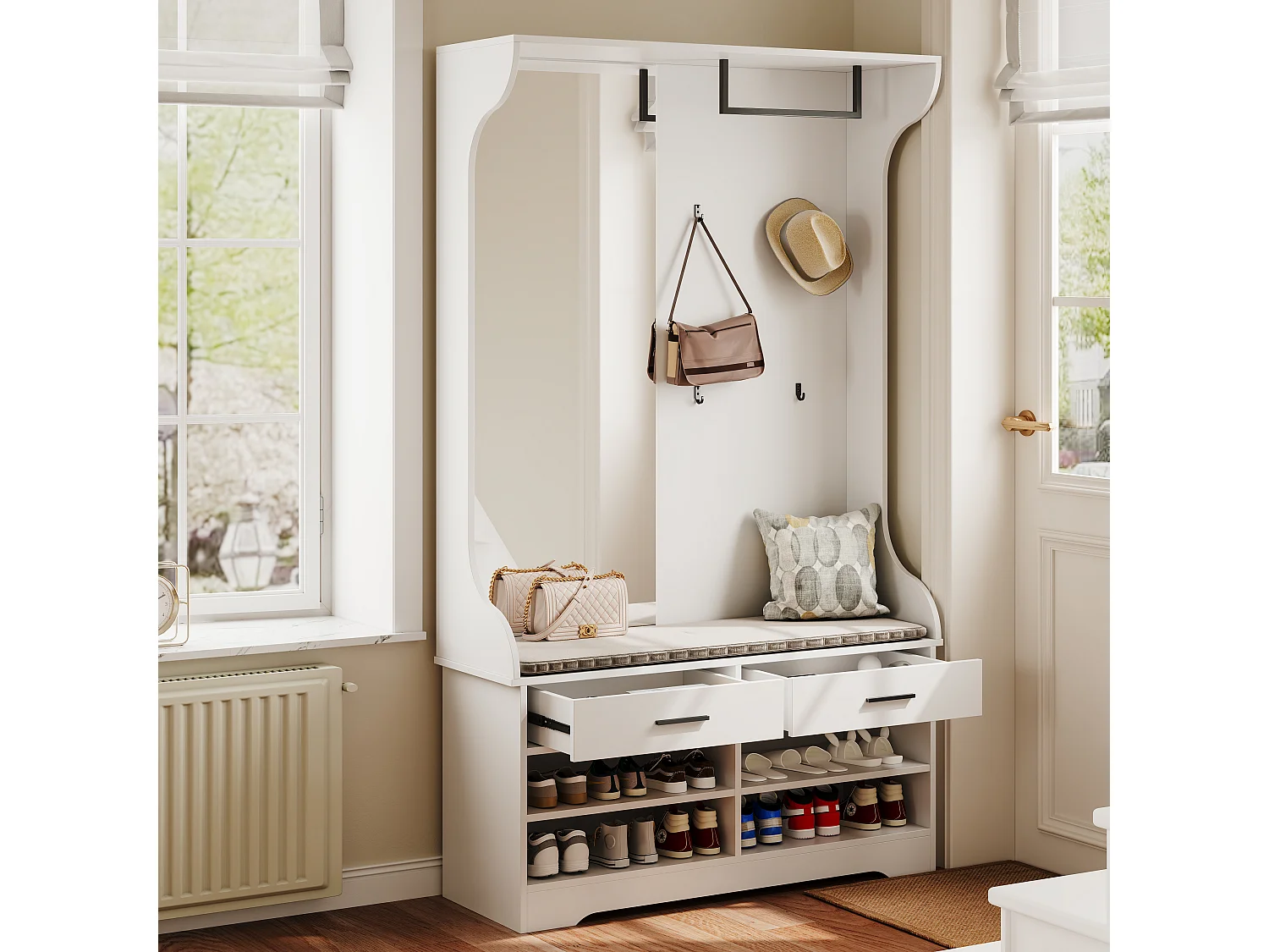 6-in-1 witte kledingkastset met spiegel en open schoenenkast, 104 x 35 x 180 cm
