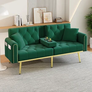 2-zits slaapbank – 175 x 80 x 73,5 cm – 3 ligposities en met bekerhouder – fluweel – groen