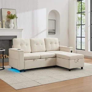 3-zits slaapbank – 208 x 146 x 89,5 cm – met geïntegreerde opbergruimte + LED's – Stof – beige 3-zits slaapbank – 208 x 146 x 89,5 cm – met geïntegreerde opbergruimte + LED's – Stof – beige