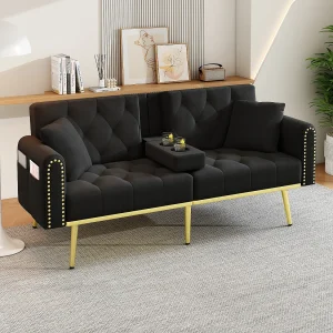 2-zits slaapbank – 175 x 80 x 73,5 cm – 3 ligposities en met bekerhouder – fluweel – zwart