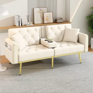 2-zits slaapbank – 175 x 80 x 73,5 cm – 3 ligposities en met bekerhouders – fluweel – beige