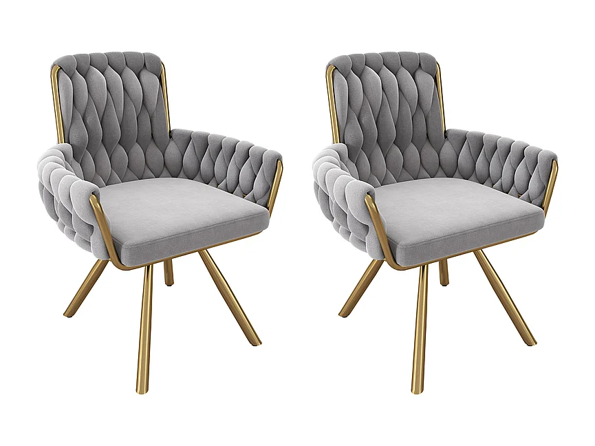 2 draaibare fluwelen stoelen - Met armleuningen en metalen poten - Ruime rugleuning - Grijs - 63x50x87 cm