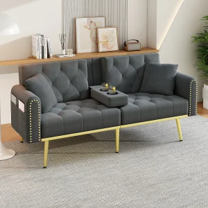 2-zits slaapbank – 175 x 80 x 73,5 cm – 3 ligposities en met bekerhouder – fluweel – grijs