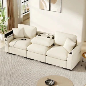 3-zitsbank – 242 x 88 x 80 cm – met uitklapbare tafel + USB-aansluiting + verborgen opbergruimte – fluweel – beige