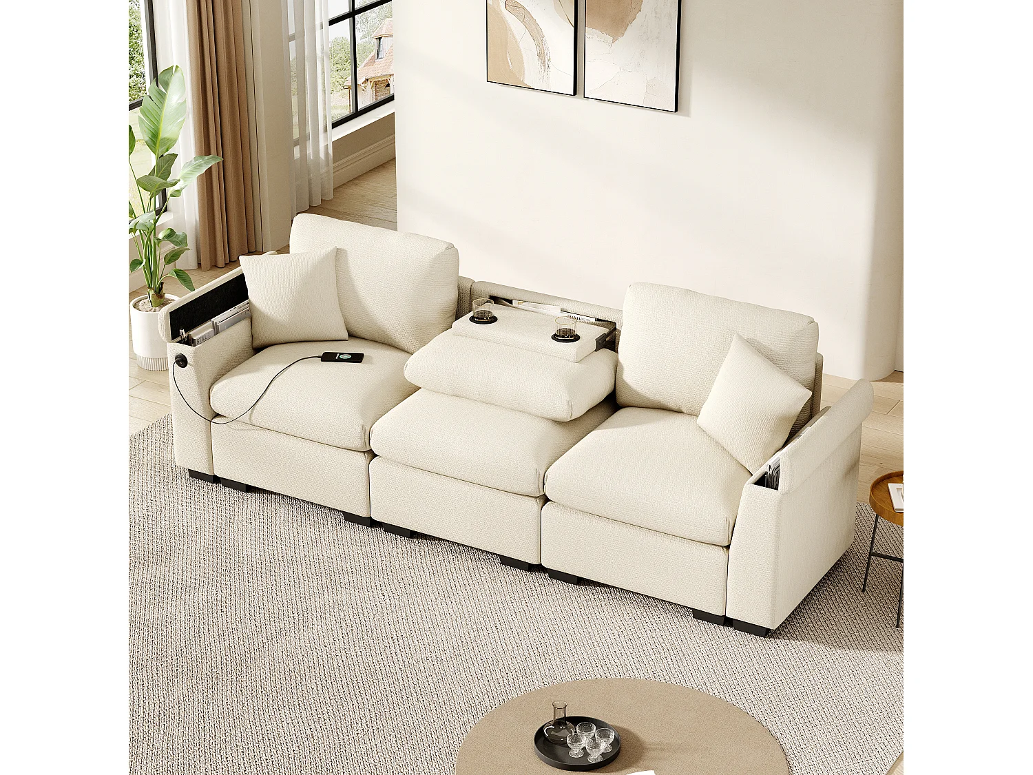 3-zitsbank – 242 x 88 x 80 cm – met uitklapbare tafel + USB-aansluiting + verborgen opbergruimte – fluweel – beige