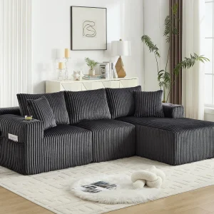 3-zits modulaire bank – Inclusief 5 kussens – Bekerhouders en zijvakken – Omvormbaar tot hoekbank – Ideaal voor woonkamer en studio 3-zits modulaire bank – Inclusief 5 kussens – Bekerhouders en zijvakken – Omvormbaar tot hoekbank – Ideaal voor woonkamer en studio