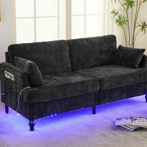 2-zits chenillebank – met LED's, USB-poorten – dubbele zitting en hoge rugleuning – Ideaal voor woonkamer of klein kantoor 2-zits chenillebank – met LED's, USB-poorten – dubbele zitting en hoge rugleuning – Ideaal voor woonkamer of klein kantoor