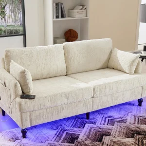 2-zits chenillebank – met LED's, USB-poorten – dubbele zitting en hoge rugleuning – Ideaal voor woonkamer of klein kantoor 2-zits chenillebank – met LED's, USB-poorten – dubbele zitting en hoge rugleuning – Ideaal voor woonkamer of klein kantoor