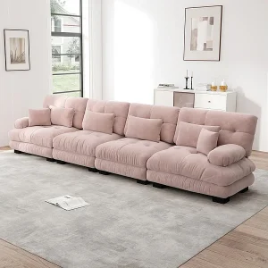 Bank 4-zits chenille stof roze – met 6 kussens – massief houten frame – 406x77x81cm Bank 4-zits chenille stof roze – met 6 kussens – massief houten frame – 406x77x81cm