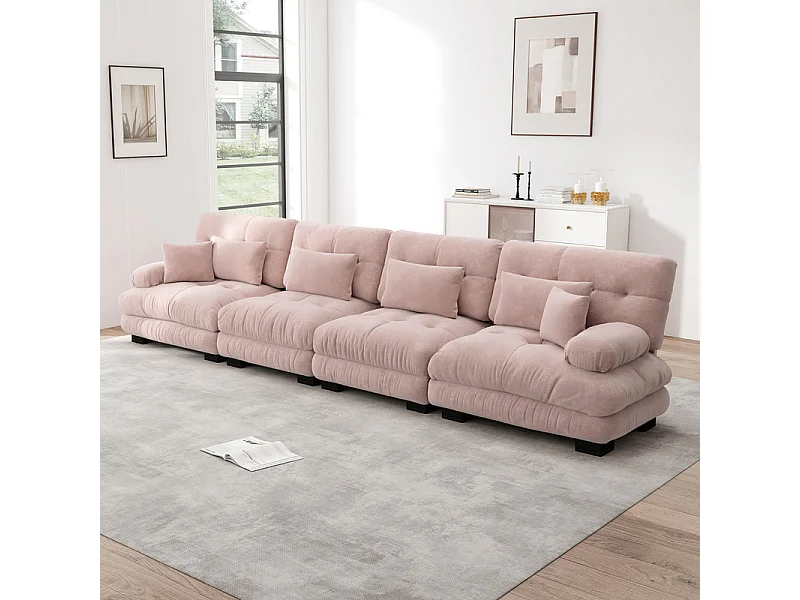 Bank 4-zits chenille stof roze - met 6 kussens - massief houten frame - 406x77x81cm