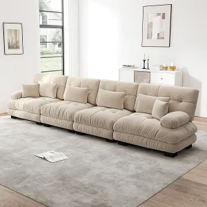 Bank 4-zits chenille stof beige – met 6 kussens – massief houten frame – 406x77x81cm Bank 4-zits chenille stof beige – met 6 kussens – massief houten frame – 406x77x81cm