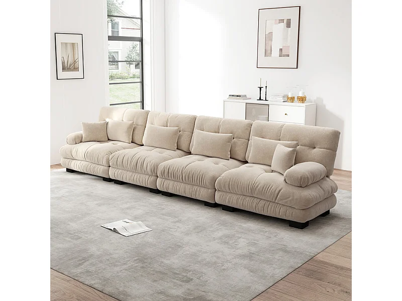Bank 4-zits chenille stof beige - met 6 kussens - massief houten frame - 406x77x81cm