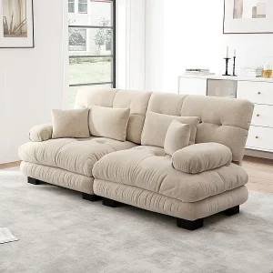 Bank 2-zits beige – met 4 kussens – massief houten frame + chenille stof – 220x77x81cm Bank 2-zits beige – met 4 kussens – massief houten frame + chenille stof – 220x77x81cm