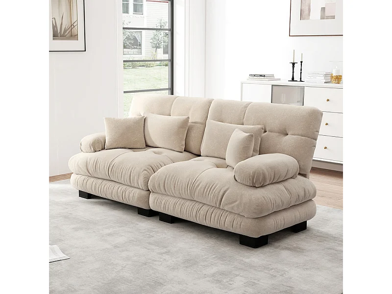 Bank 2-zits beige - met 4 kussens - massief houten frame + chenille stof - 220x77x81cm