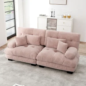 Bank 2-zits roze – met 4 kussens – massief houten frame + chenille stof – 220x77x81cm Bank 2-zits roze – met 4 kussens – massief houten frame + chenille stof – 220x77x81cm